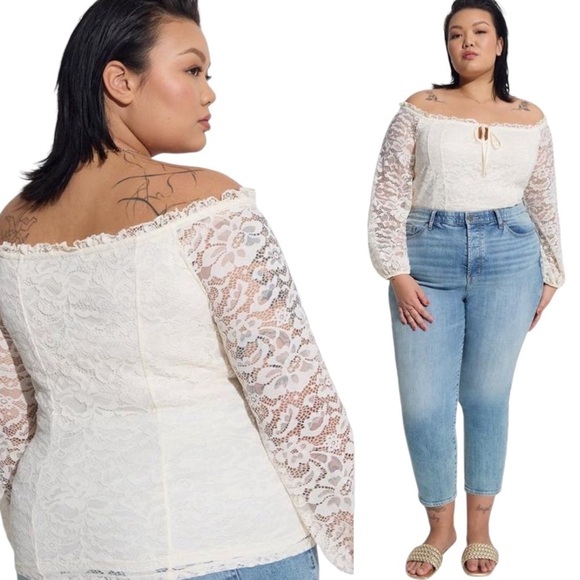 Torrid Blouse Lace Off Shoulder Corset Seamed Long Sleeve Coquette Size 0 Large - Picture 1 of 5